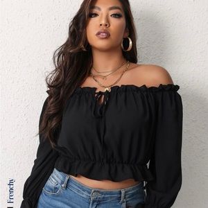 SHEIN Frenchy Plus Off Shoulder Frill Trim Knot Front Flounce Sleeve Blouse
